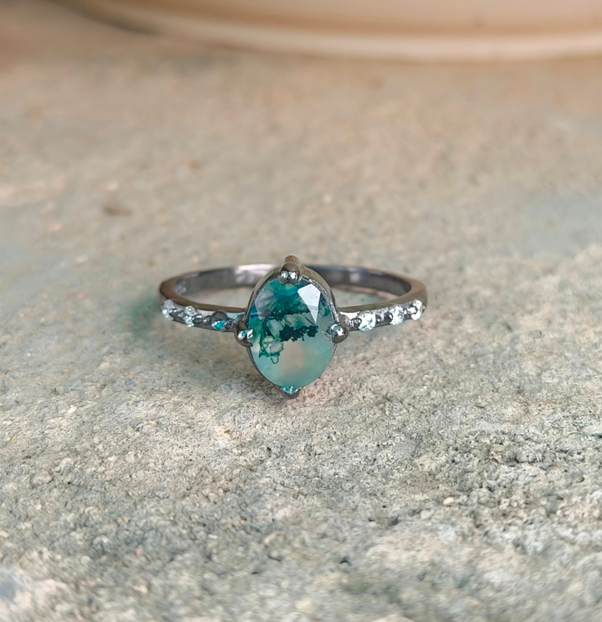 Oval Moss Agate Engagement Ring – Silverforestaa - SILVERFORESTAA