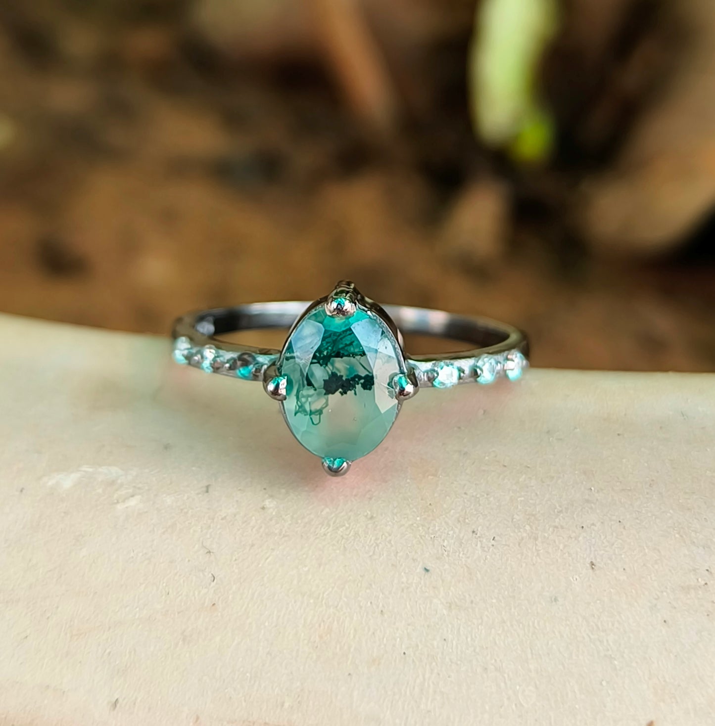 Oval Moss Agate Engagement Ring – Silverforestaa - SILVERFORESTAA