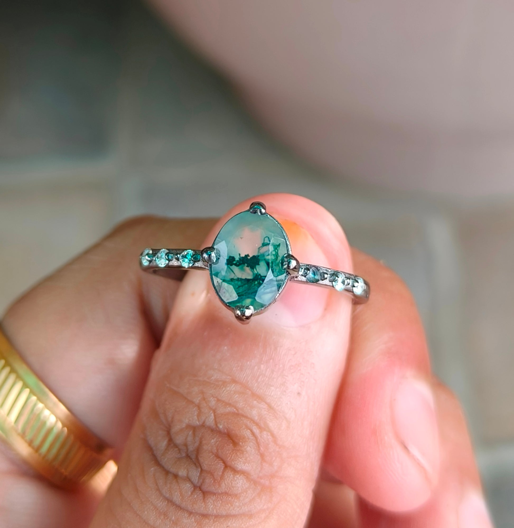 Oval Moss Agate Engagement Ring – Silverforestaa - SILVERFORESTAA
