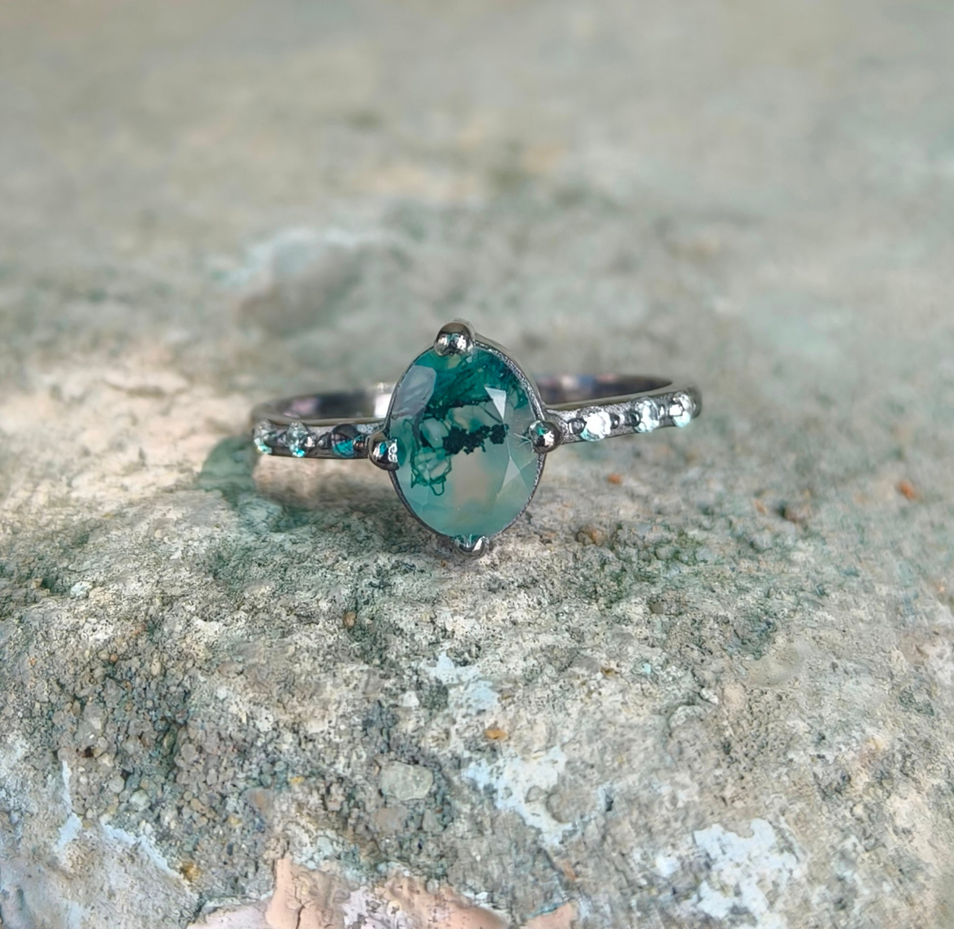 Oval Moss Agate Engagement Ring – Silverforestaa - SILVERFORESTAA