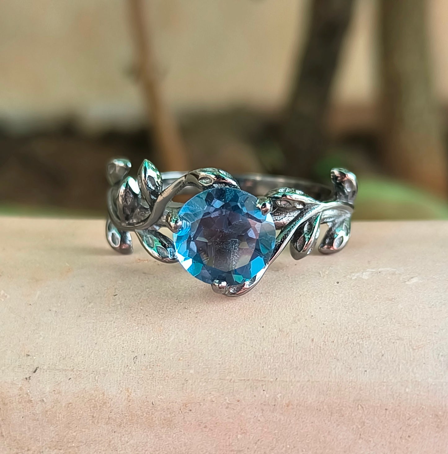 Dainty Lab Grown Tanzanite Ring – 925 Sterling Silver Leaf Design - SILVERFORESTAA