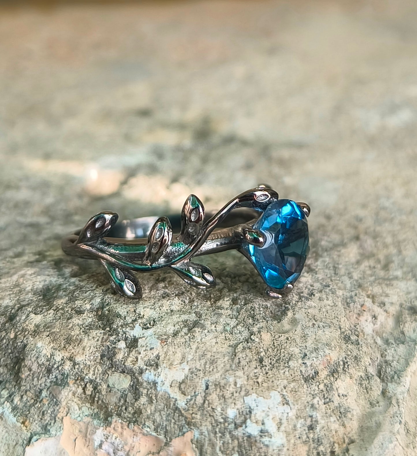 Dainty Lab Grown Tanzanite Ring – 925 Sterling Silver Leaf Design - SILVERFORESTAA