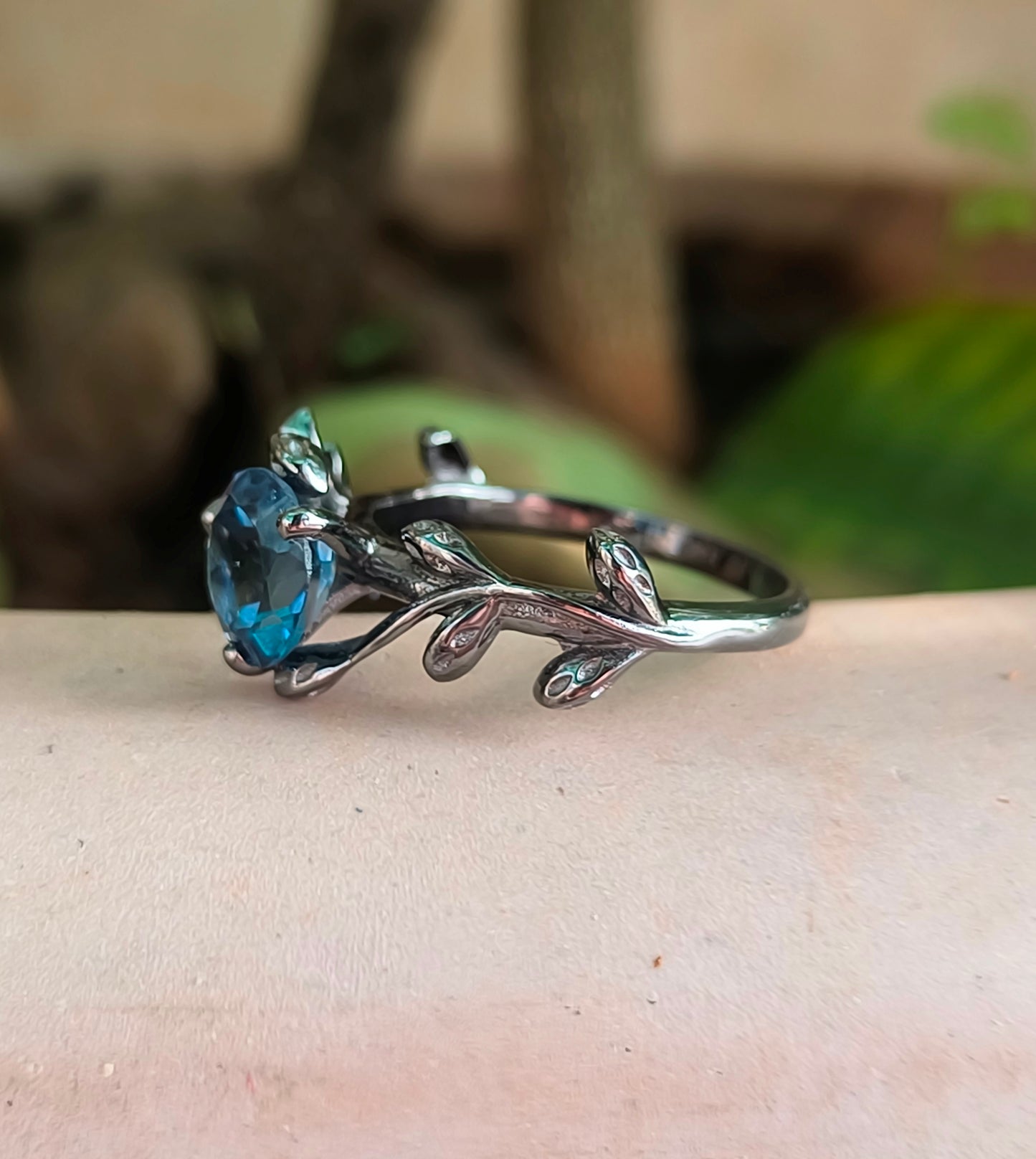 Dainty Lab Grown Tanzanite Ring – 925 Sterling Silver Leaf Design - SILVERFORESTAA
