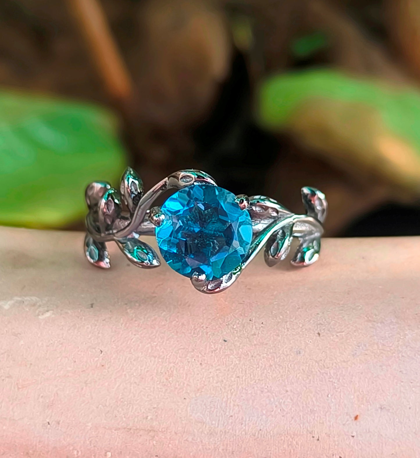 Dainty Lab Grown Tanzanite Ring – 925 Sterling Silver Leaf Design - SILVERFORESTAA