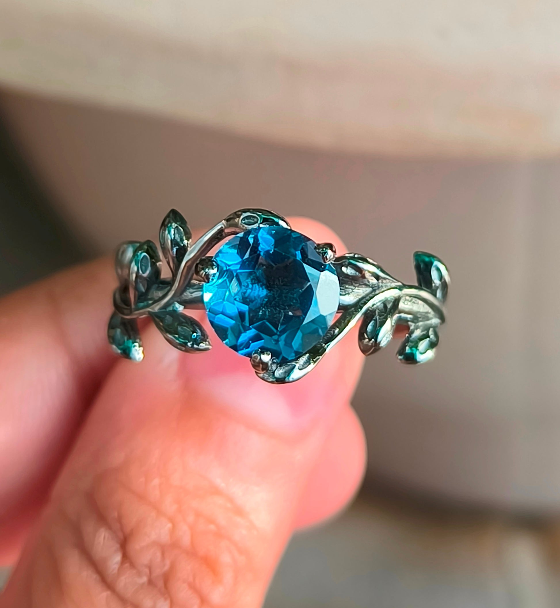 Dainty Lab Grown Tanzanite Ring – 925 Sterling Silver Leaf Design - SILVERFORESTAA