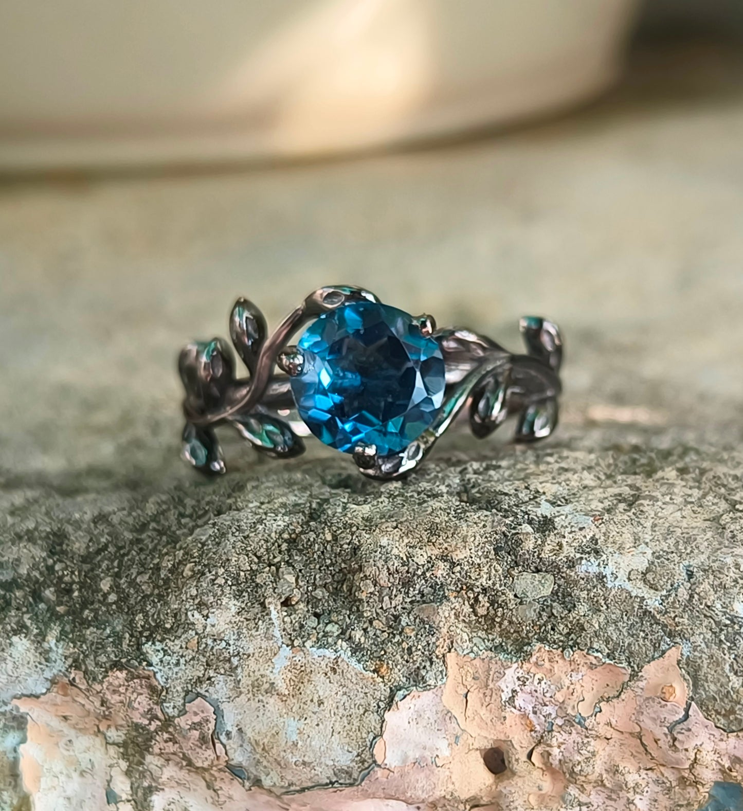 Dainty Lab Grown Tanzanite Ring – 925 Sterling Silver Leaf Design - SILVERFORESTAA