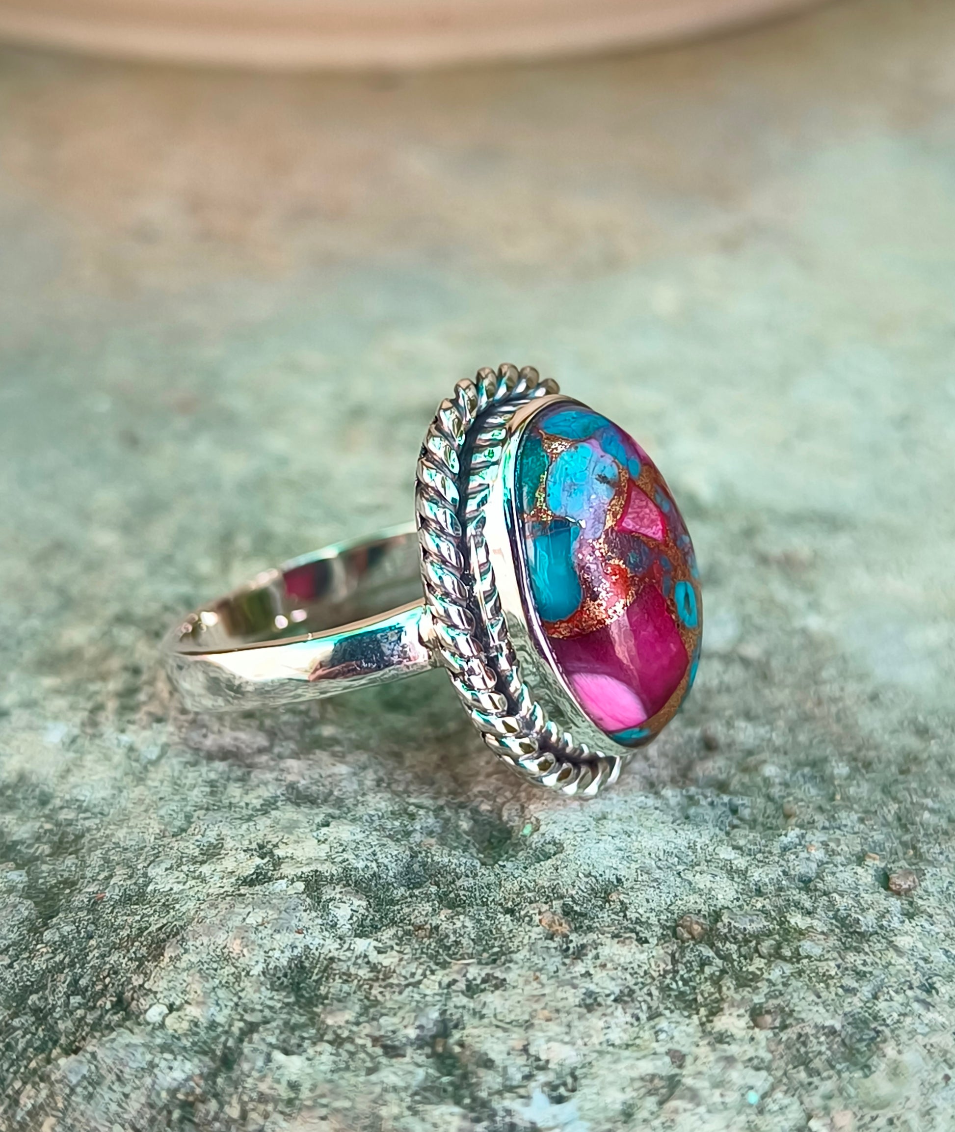 Kingman Pink Dahlia Dreams – Turquoise Ring in Fine Sterling Silver - SILVERFORESTAA