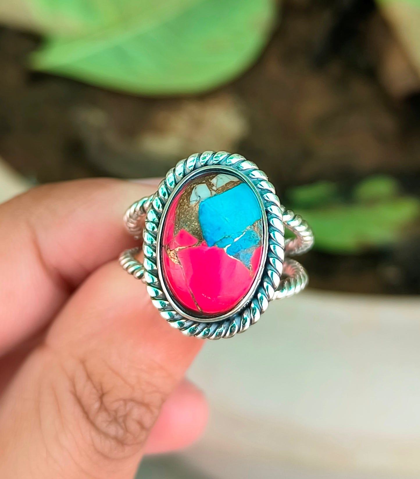 Pink Cotton Candy Turquoise Ring in 925 Sterling Silver - SILVERFORESTAA