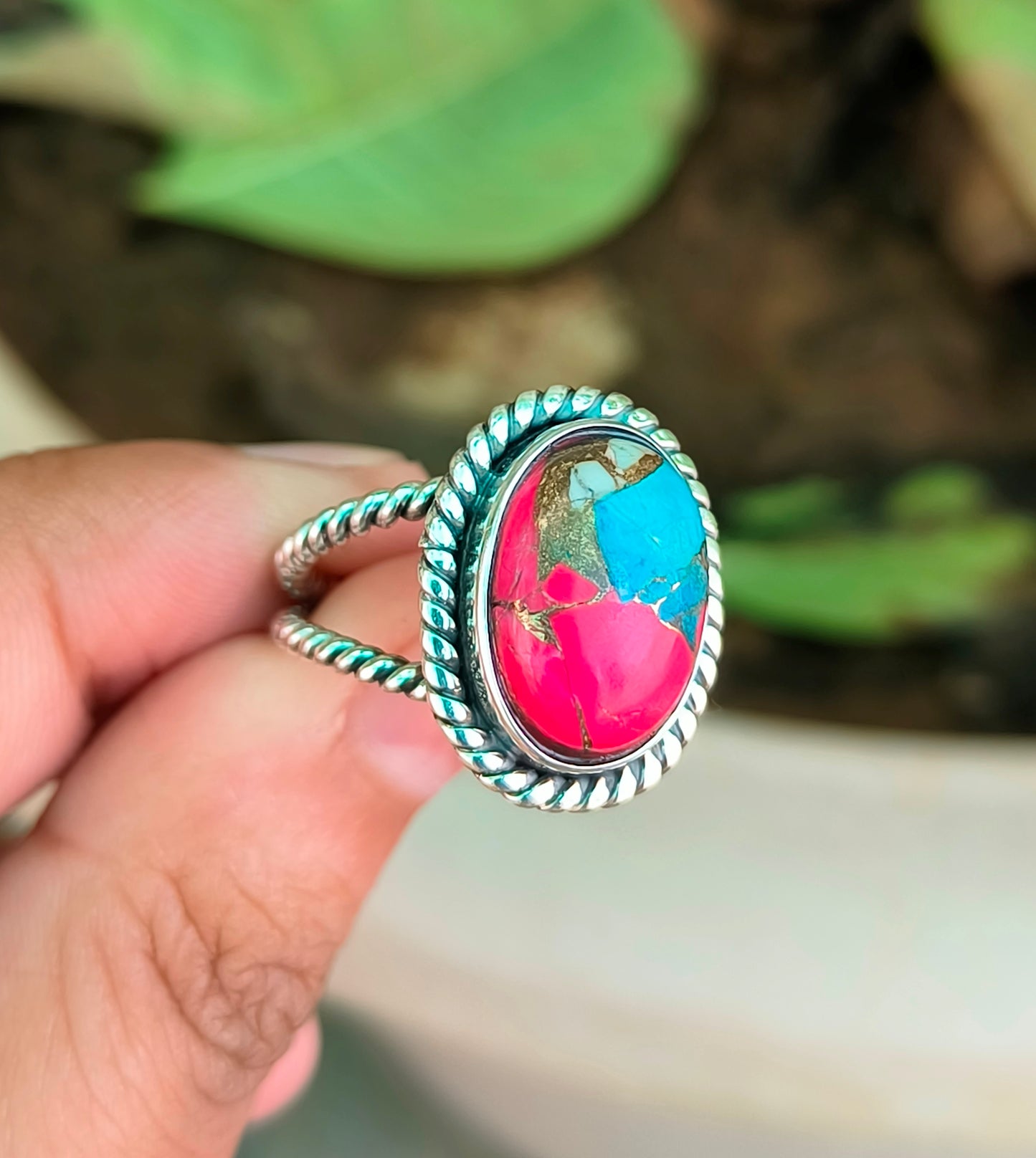 Pink Cotton Candy Turquoise Ring in 925 Sterling Silver - SILVERFORESTAA