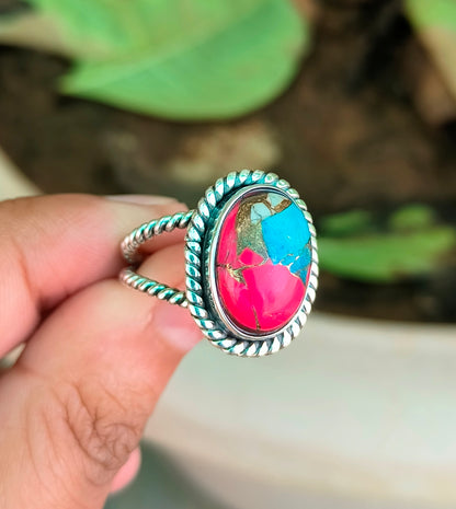 Pink Cotton Candy Turquoise Ring in 925 Sterling Silver - SILVERFORESTAA
