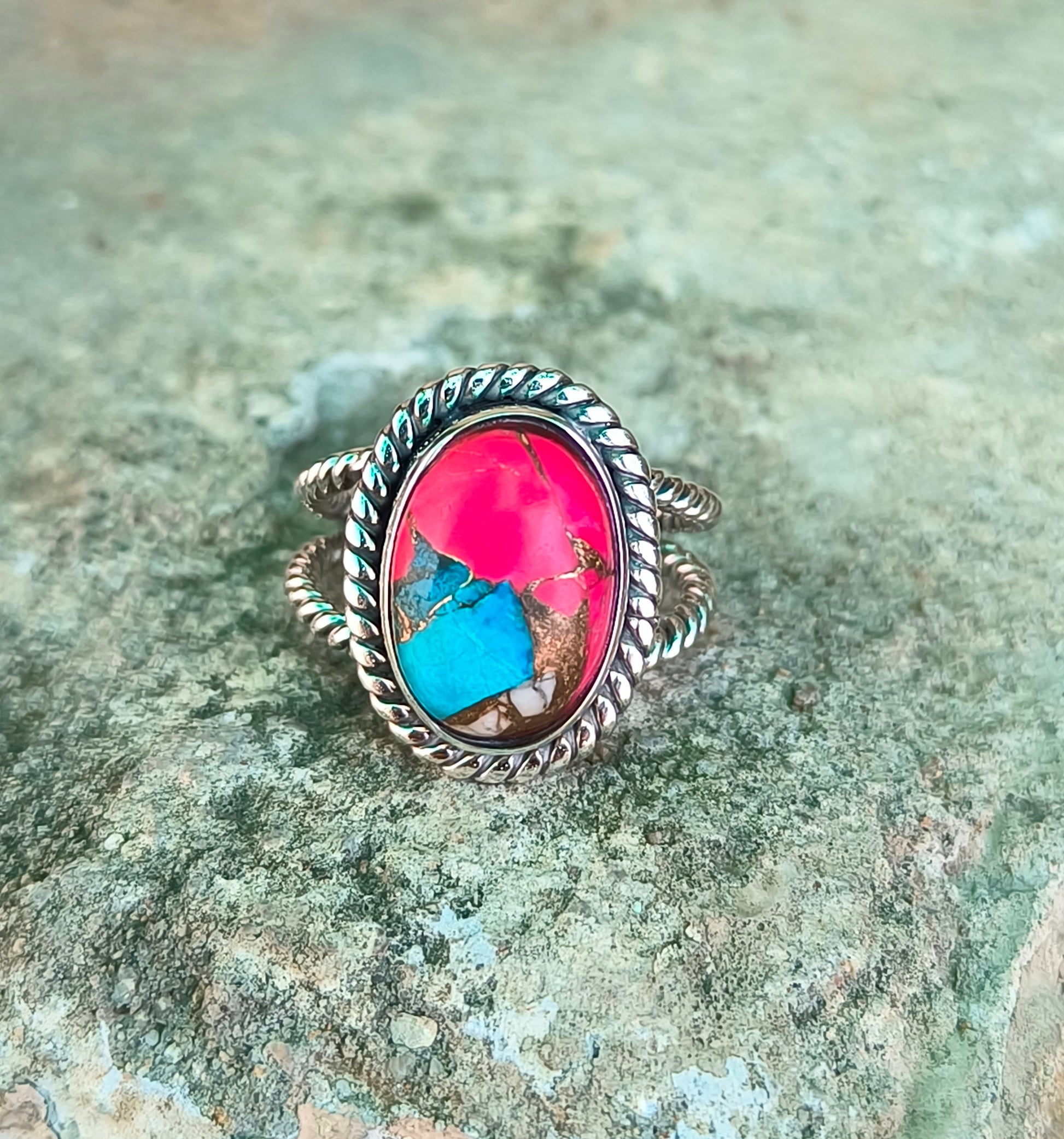 Pink Cotton Candy Turquoise Ring in 925 Sterling Silver - SILVERFORESTAA