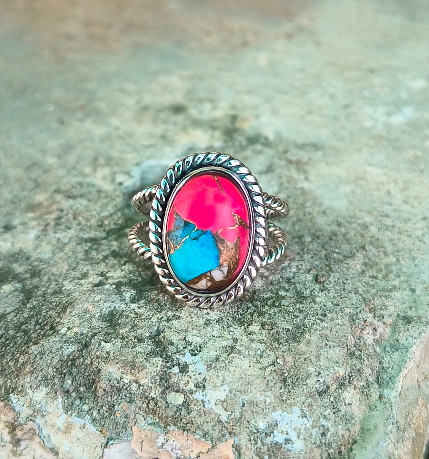 Pink Cotton Candy Turquoise Ring in 925 Sterling Silver - SILVERFORESTAA