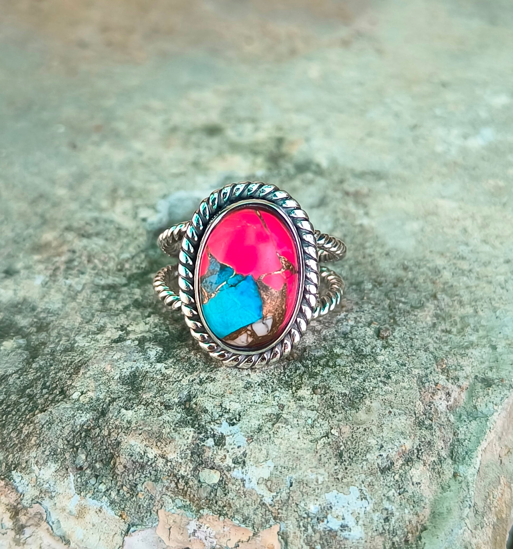 Pink Cotton Candy Turquoise Ring in 925 Sterling Silver - SILVERFORESTAA