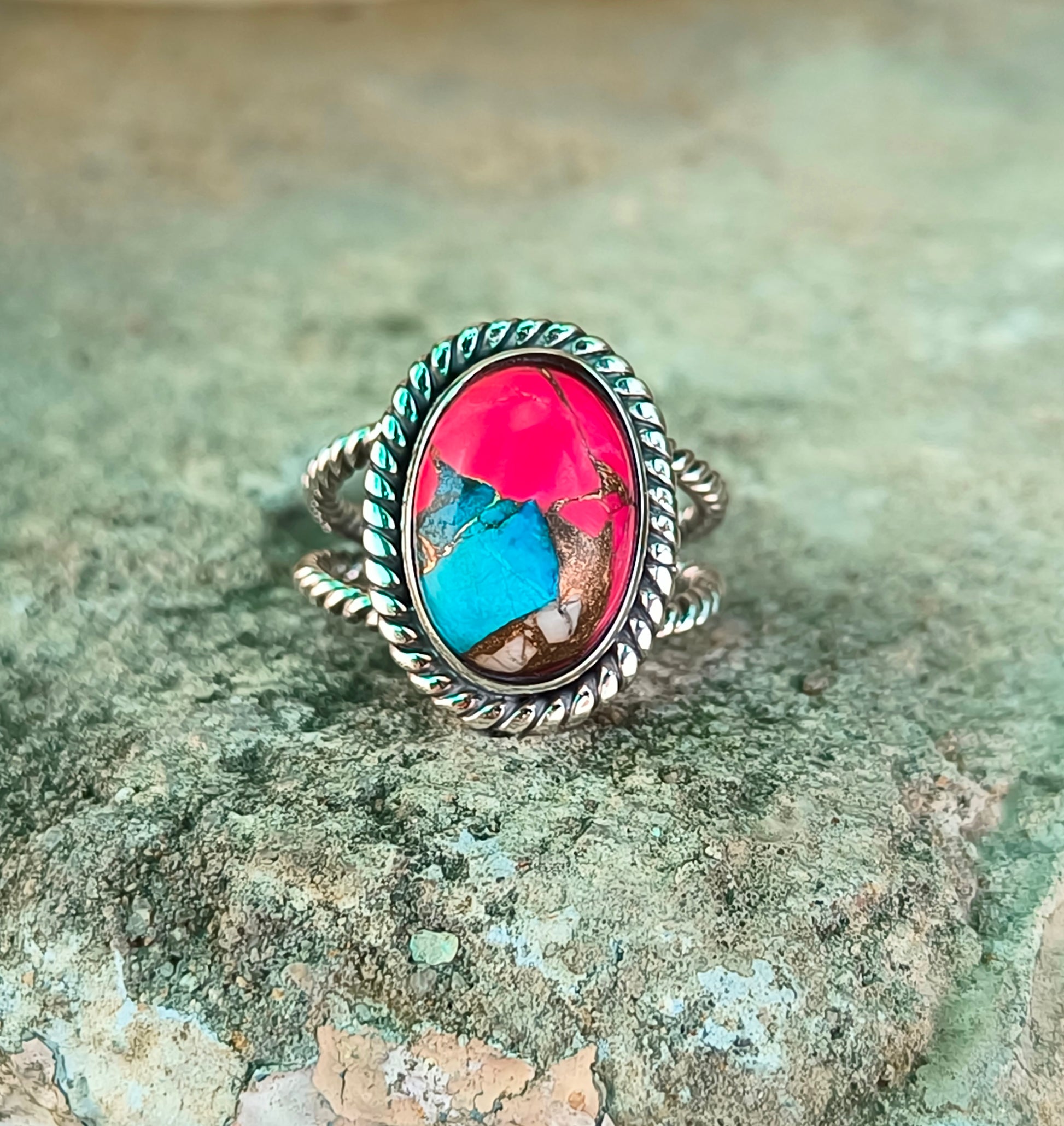 Pink Cotton Candy Turquoise Ring in 925 Sterling Silver - SILVERFORESTAA