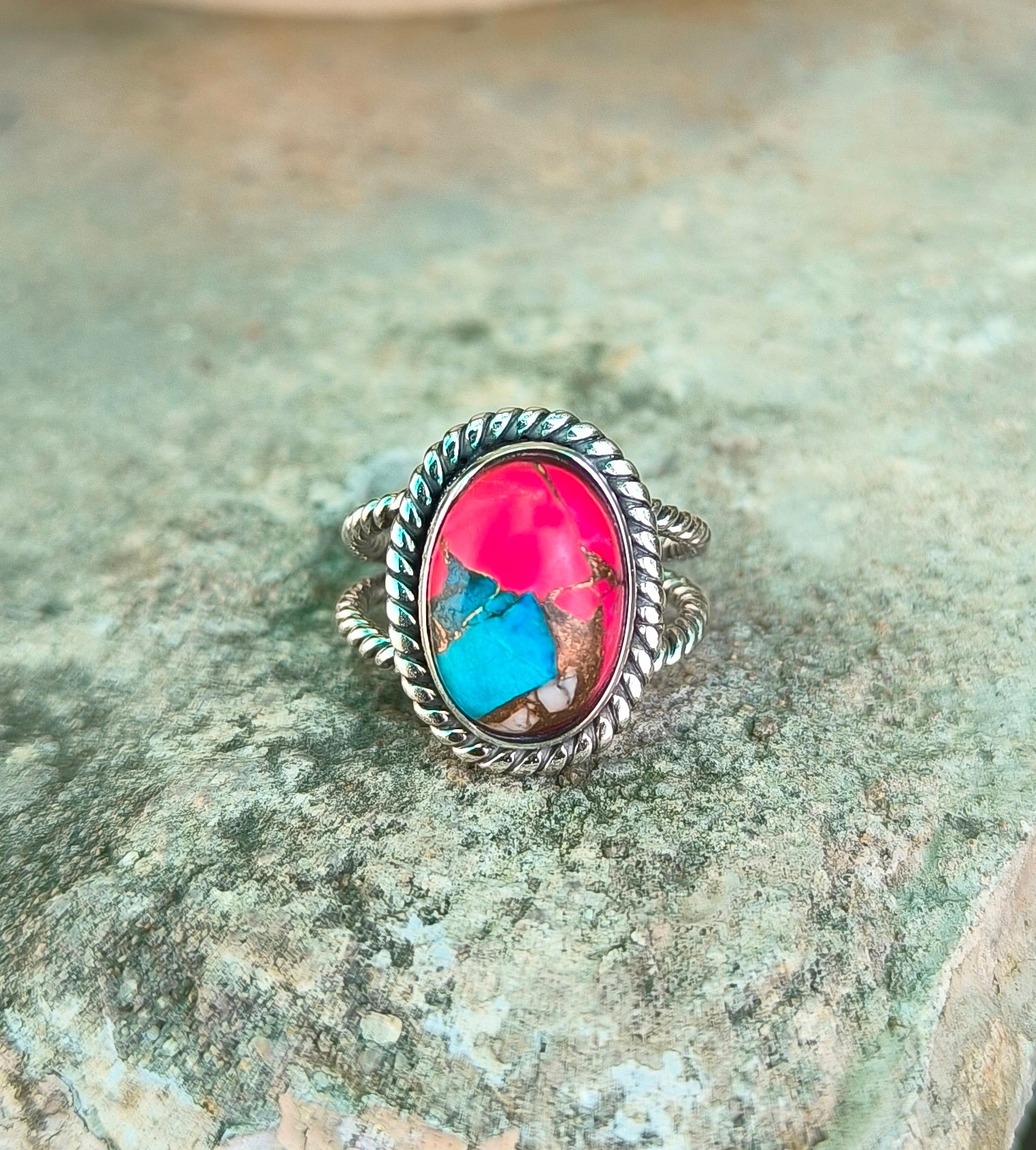 Pink Cotton Candy Turquoise Ring in 925 Sterling Silver - SILVERFORESTAA