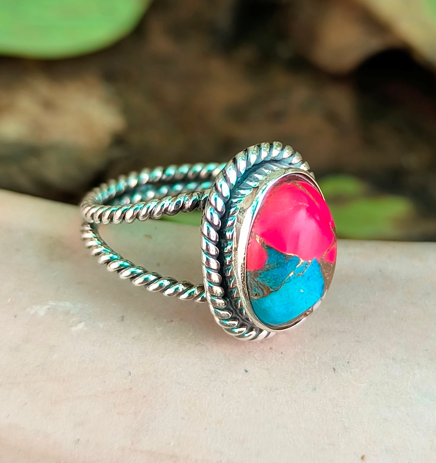Pink Cotton Candy Turquoise Ring in 925 Sterling Silver - SILVERFORESTAA