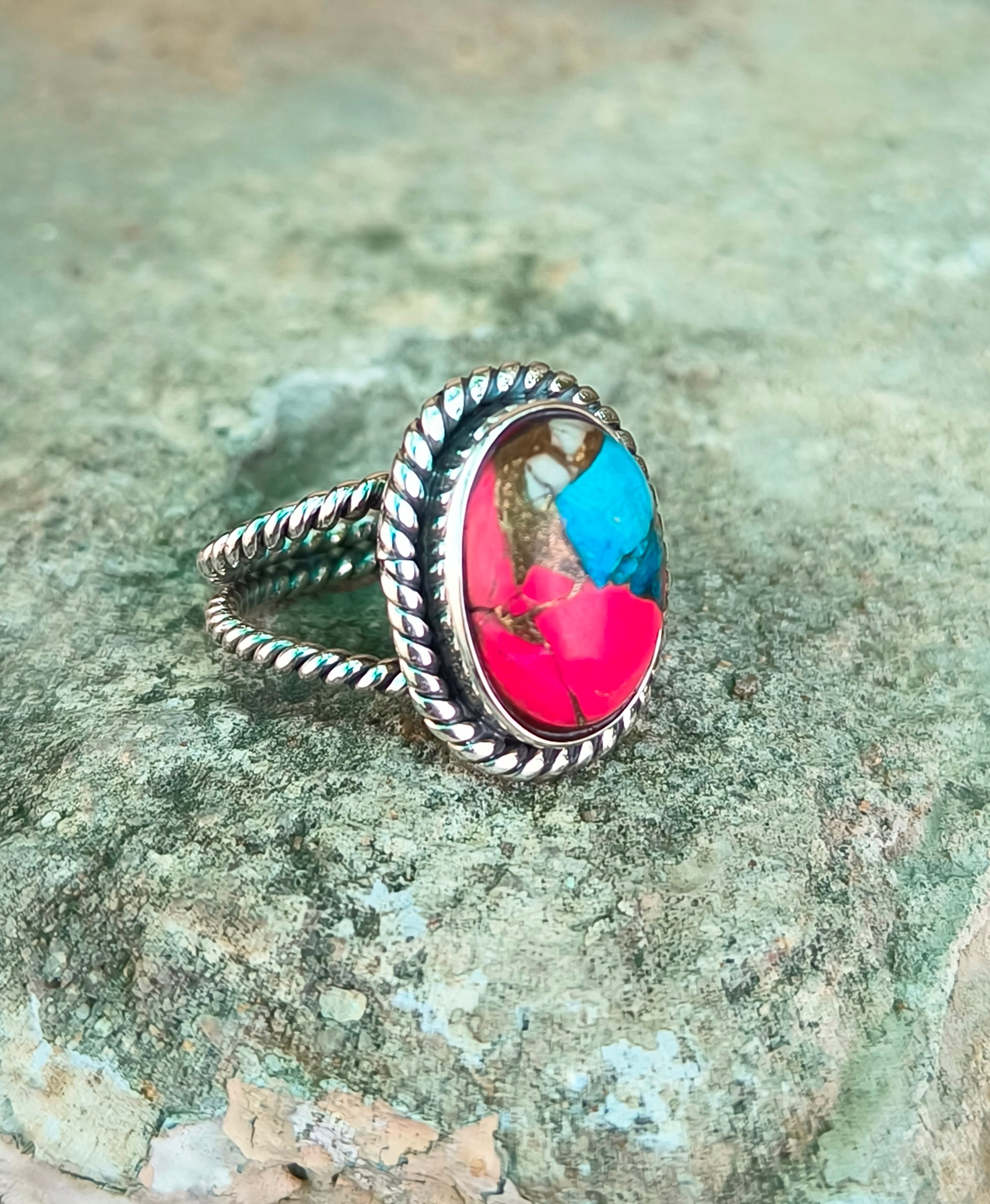 Pink Cotton Candy Turquoise Ring in 925 Sterling Silver - SILVERFORESTAA