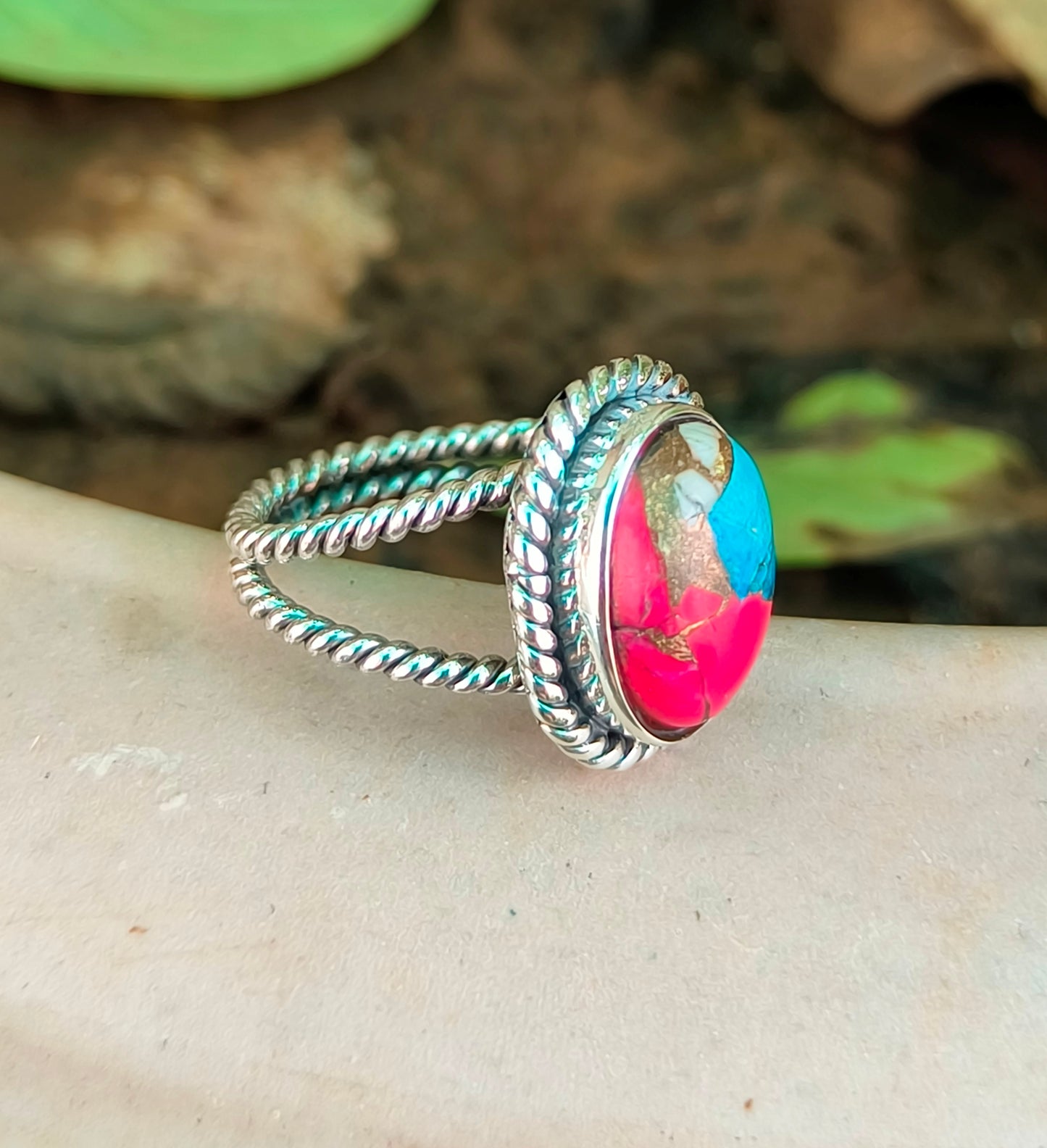 Pink Cotton Candy Turquoise Ring in 925 Sterling Silver - SILVERFORESTAA