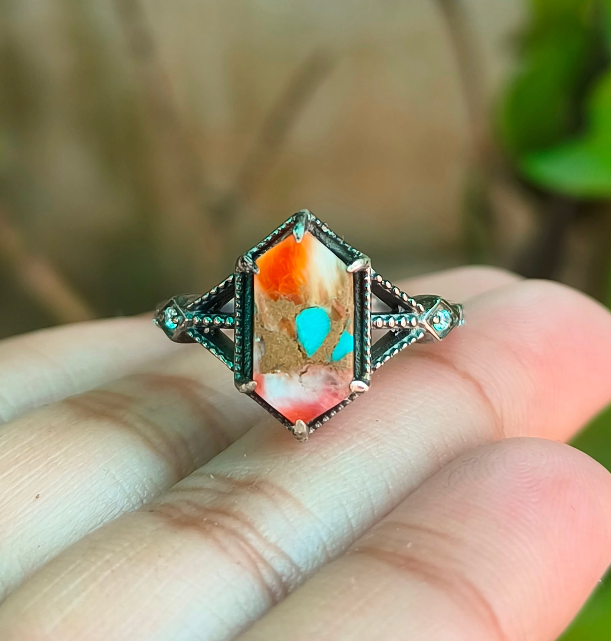 Elegant Oyster Copper Turquoise Silver Ring – Handmade & Unique - SILVERFORESTAA