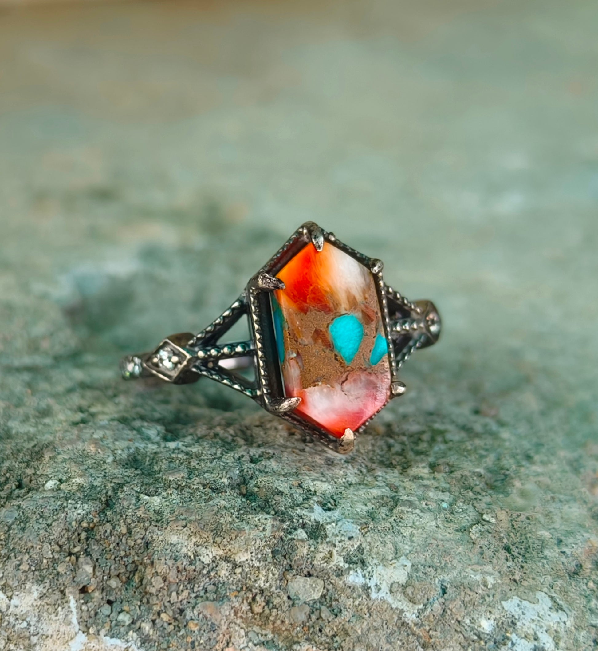 Elegant Oyster Copper Turquoise Silver Ring – Handmade & Unique - SILVERFORESTAA