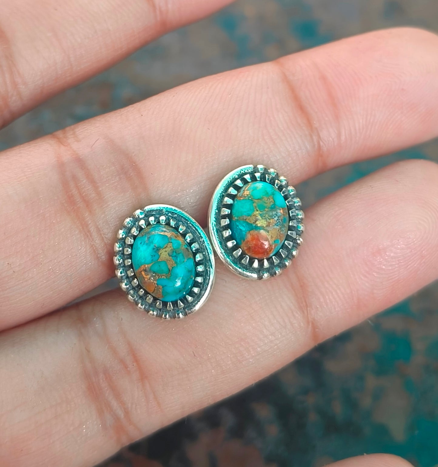 Oyster Turquoise Silver Stud Earrings | Gift for Girlfriend