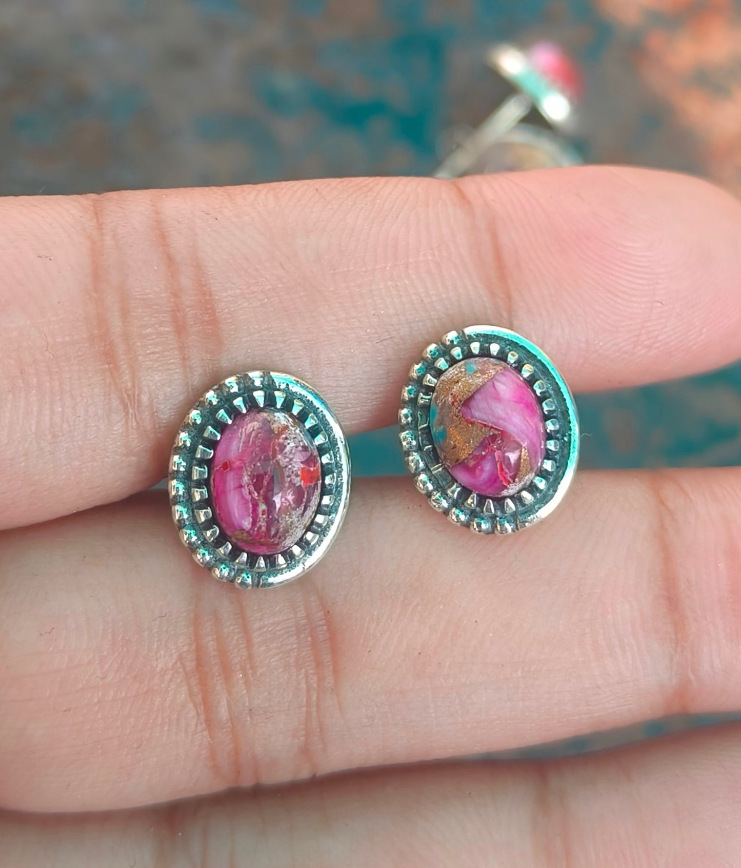 Pink Oyster Turquoise Earrings | 925 Silver Studs