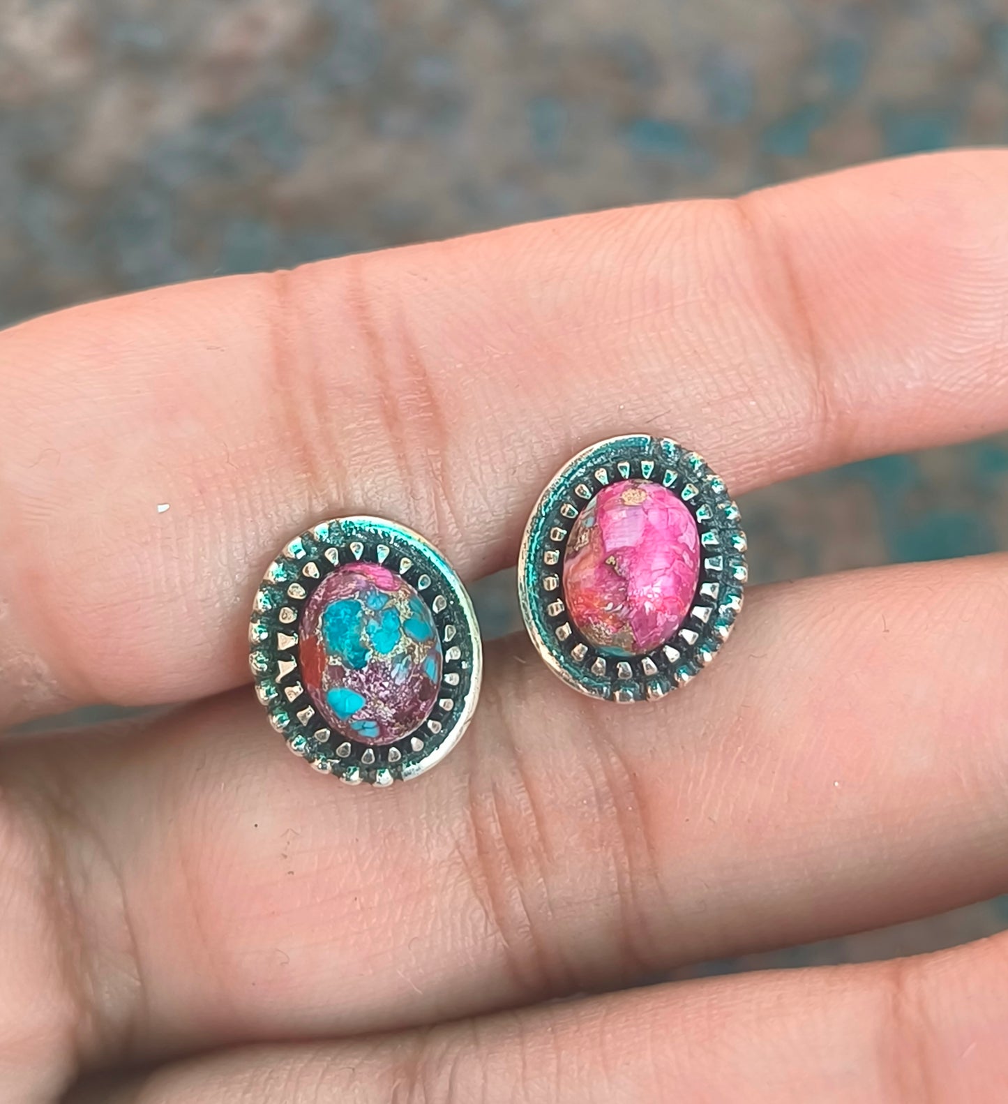 Pink Oyster Turquoise Earrings | 925 Silver Studs