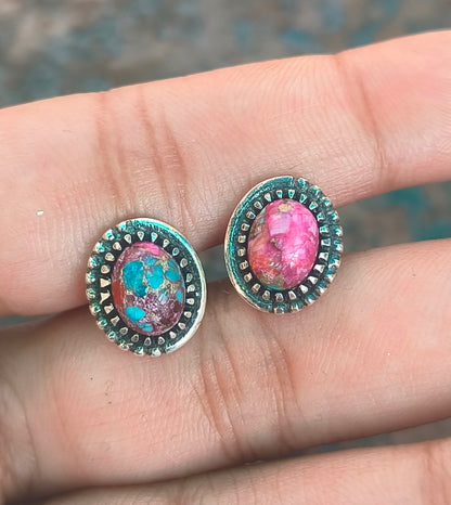 Pink Oyster Turquoise Earrings | 925 Silver Studs