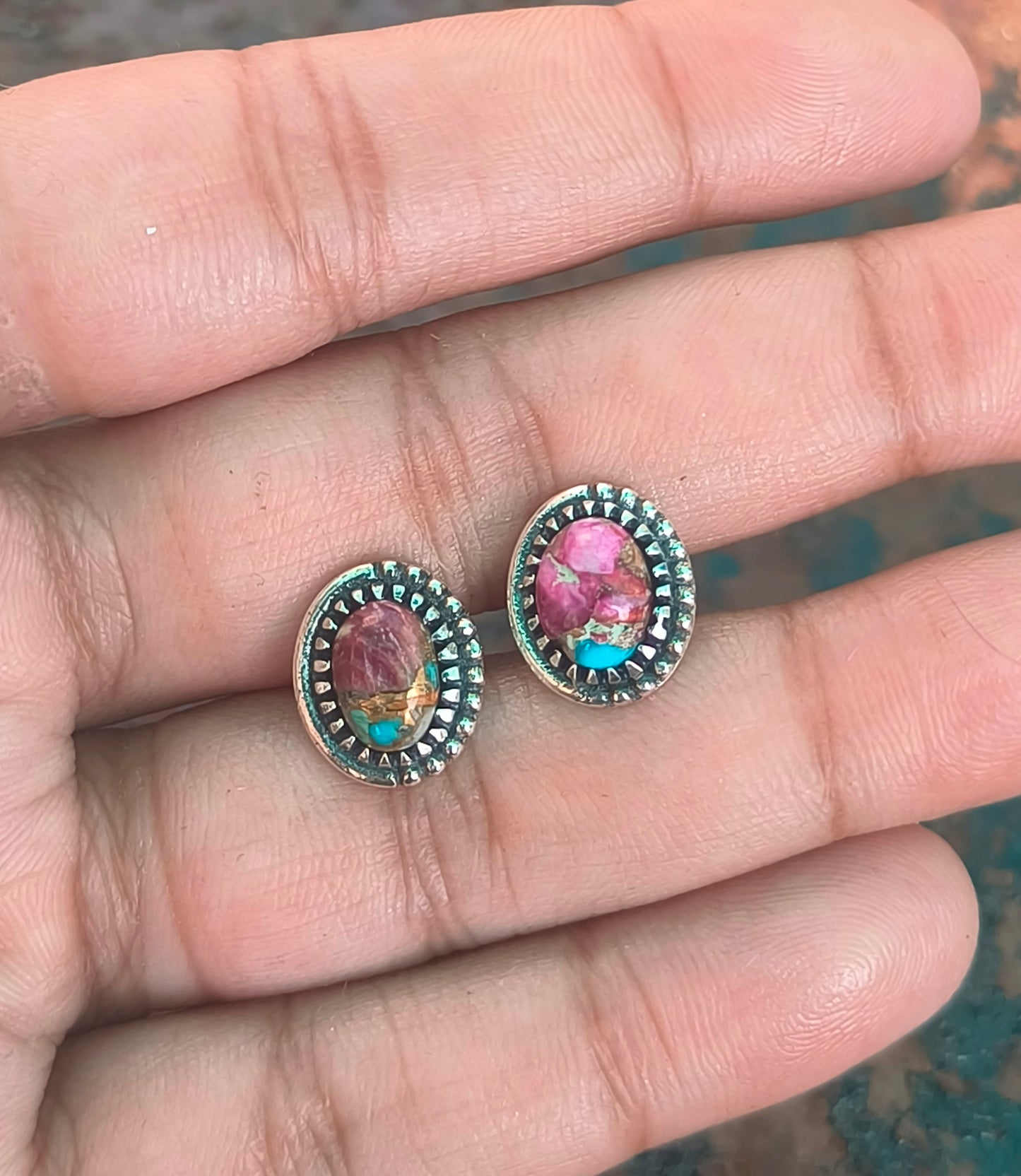 Pink Oyster Turquoise Earrings | 925 Silver Studs