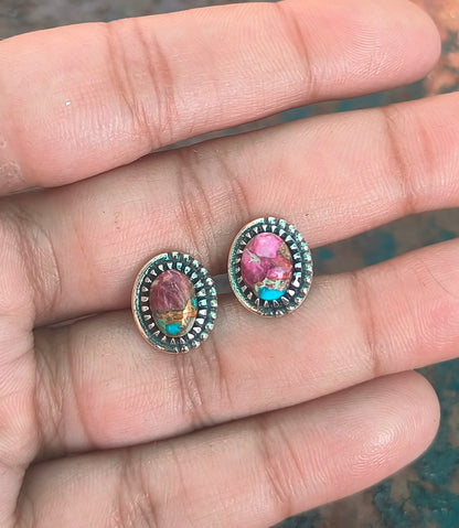 Pink Oyster Turquoise Earrings | 925 Silver Studs