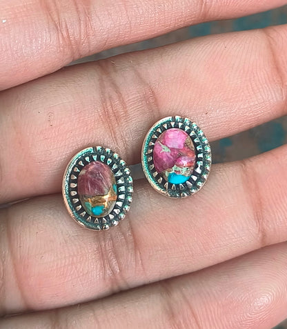 Pink Oyster Turquoise Earrings | 925 Silver Studs