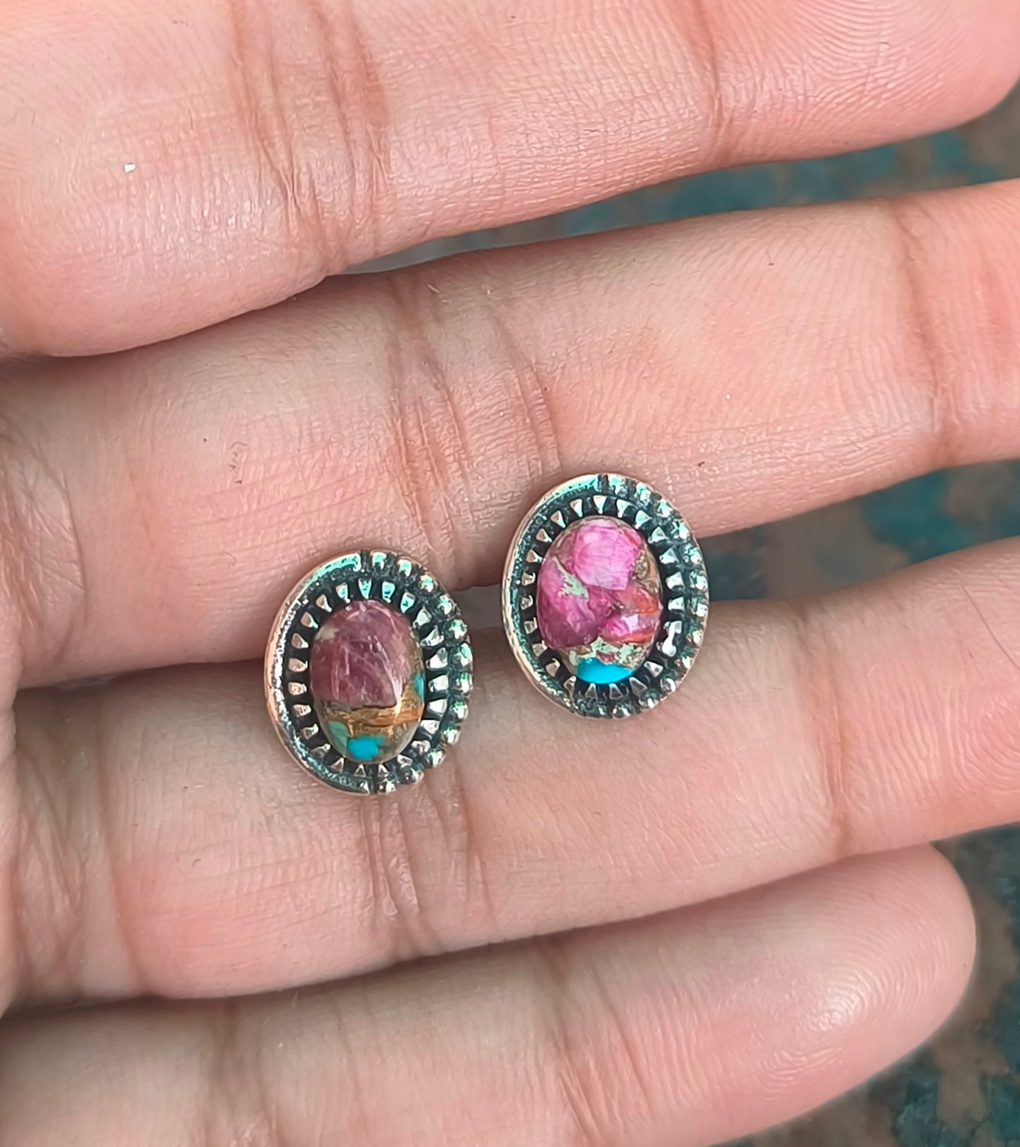 Pink Oyster Turquoise Earrings | 925 Silver Studs