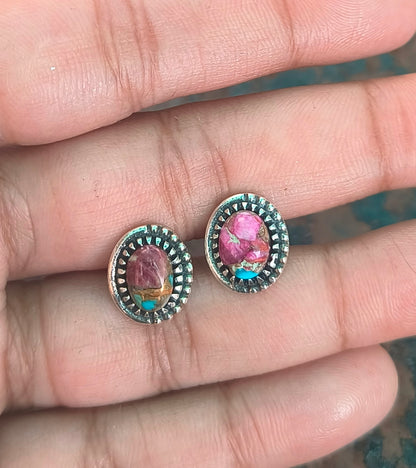 Pink Oyster Turquoise Earrings | 925 Silver Studs
