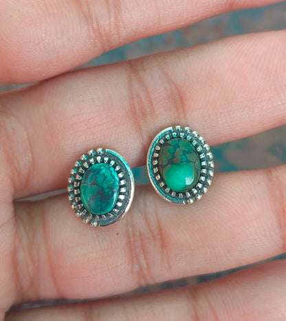 Tibetan Turquoise Stud Earrings | 925 Silver Studs