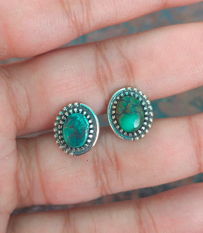Tibetan Turquoise Stud Earrings | 925 Silver Studs