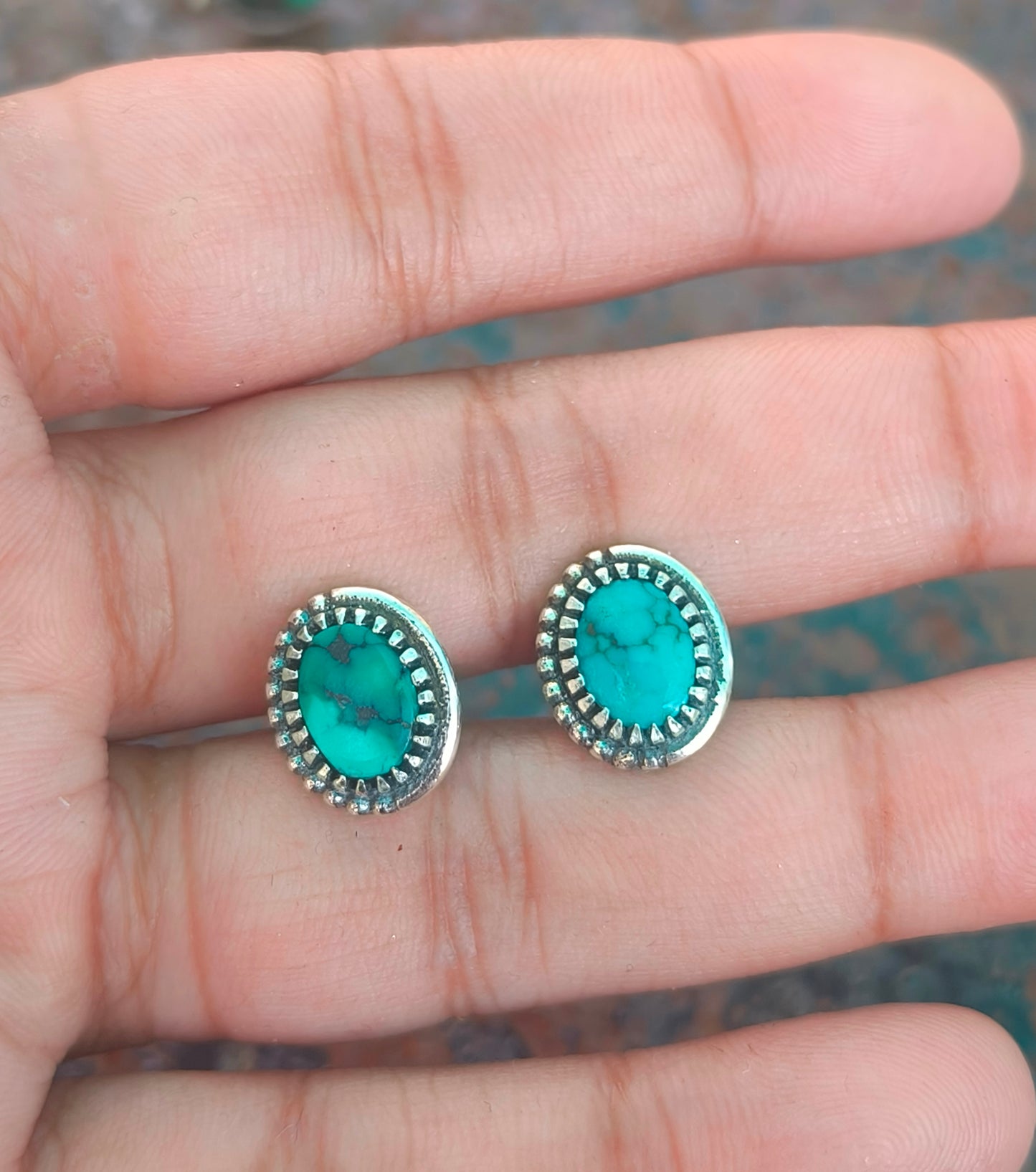 Tibetan Turquoise Stud Earrings | 925 Silver Studs