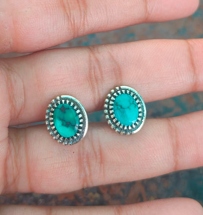 Tibetan Turquoise Stud Earrings | 925 Silver Studs