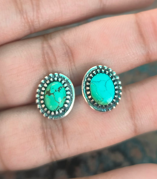 Tibetan Turquoise Stud Earrings | 925 Silver Studs