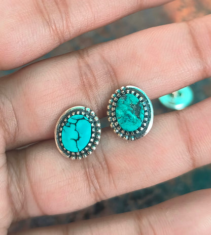 Tibetan Turquoise Stud Earrings | 925 Silver Studs