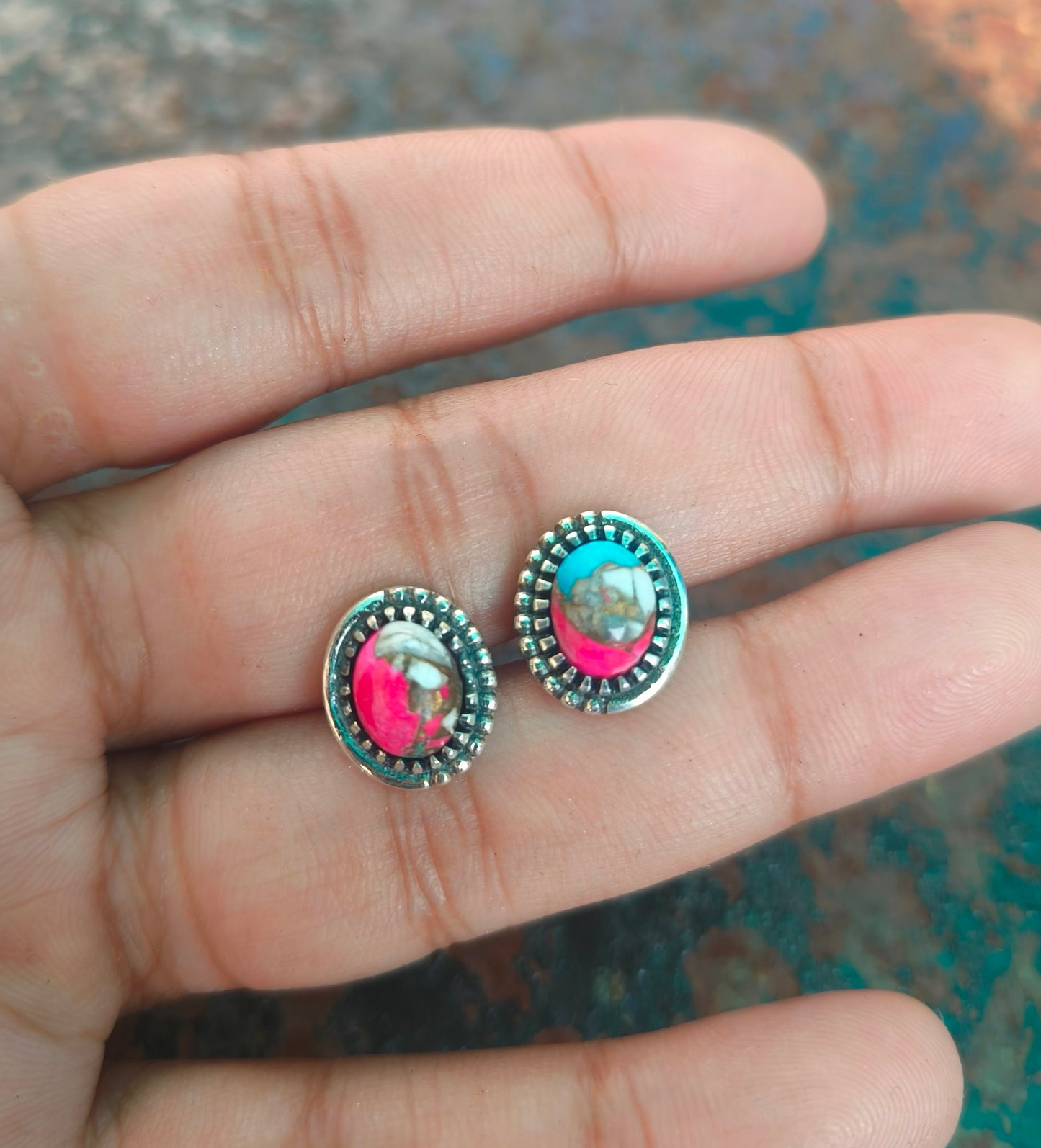 Pink Cotton Candy Turquoise Stud Earrings | 925 Silver Studs