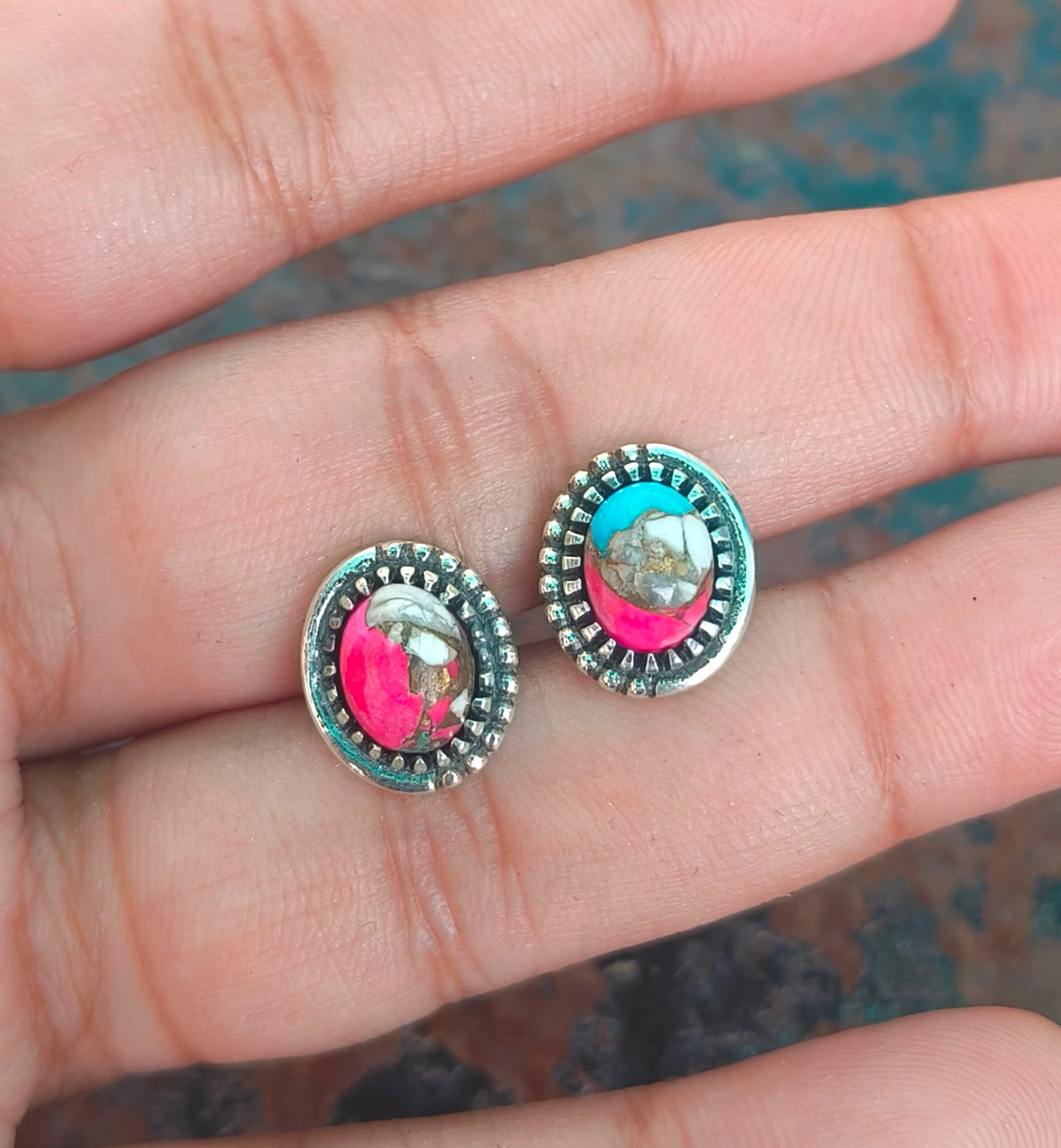 Pink Cotton Candy Turquoise Stud Earrings | 925 Silver Studs