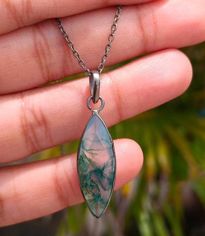 Green Moss Agate Silver Necklace for Men - SilverForestaa
