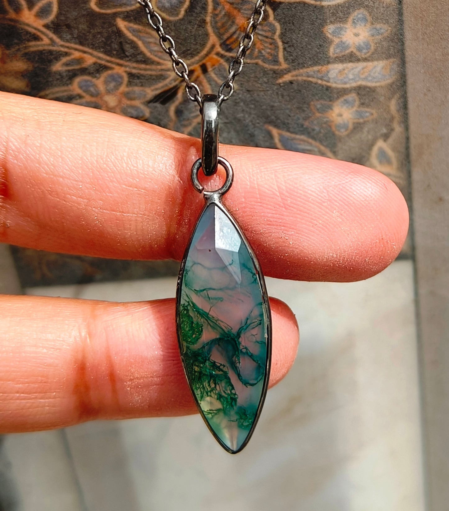 Green Moss Agate Silver Necklace for Men - SilverForestaa