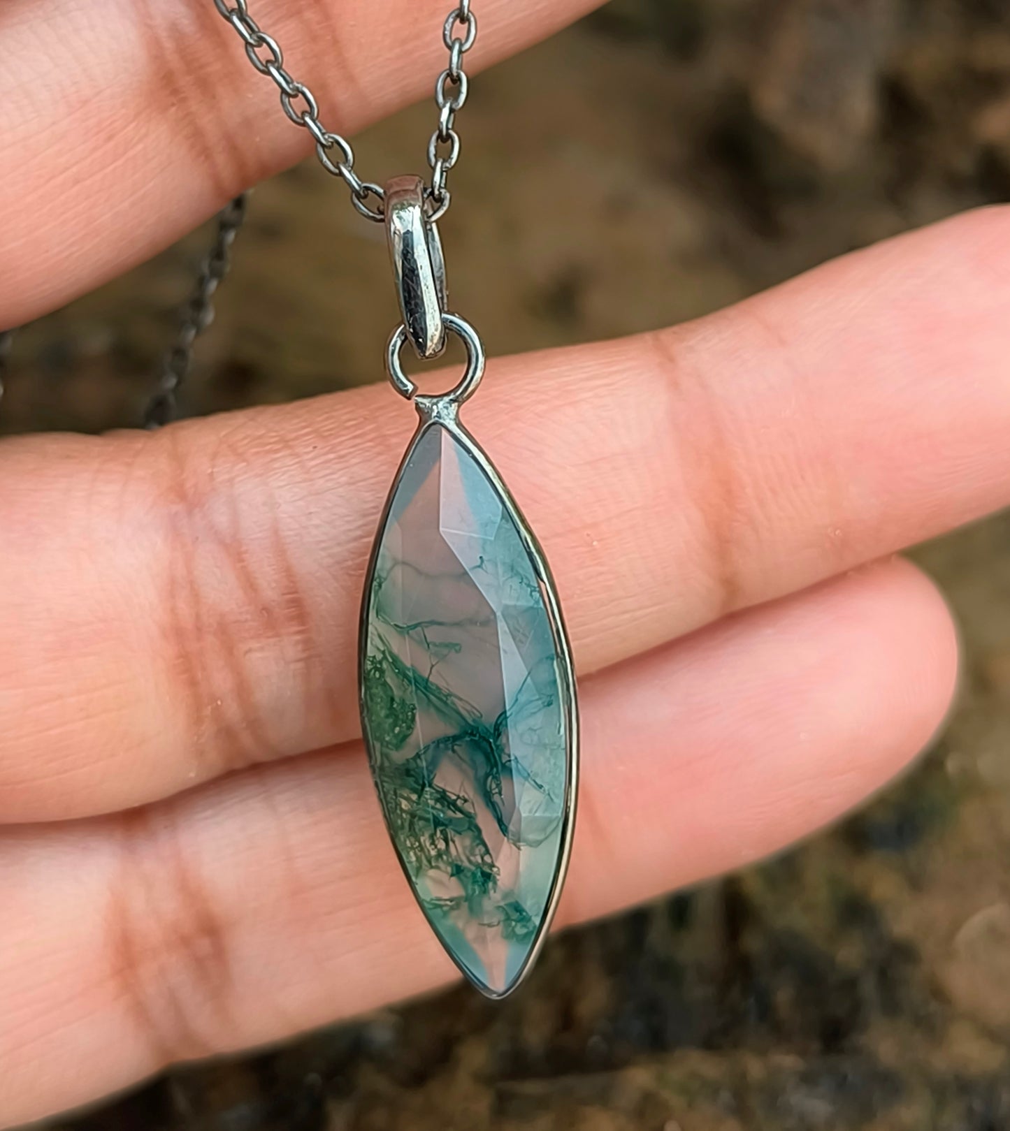 Green Moss Agate Silver Necklace for Men - SilverForestaa