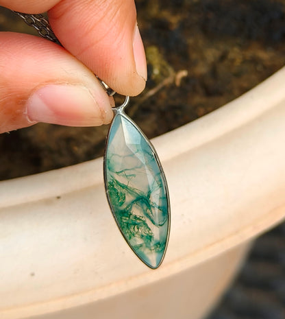 Green Moss Agate Silver Necklace for Men - SilverForestaa