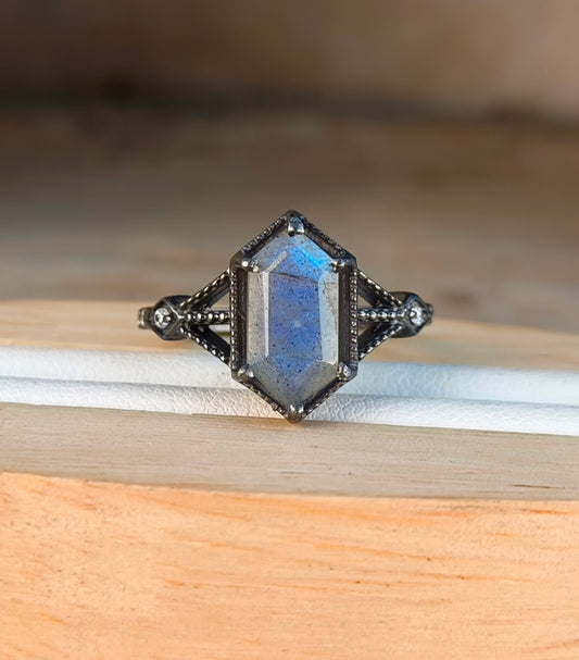 Rainbow Labradorite Hexagon Ring | 925 Sterling Silver