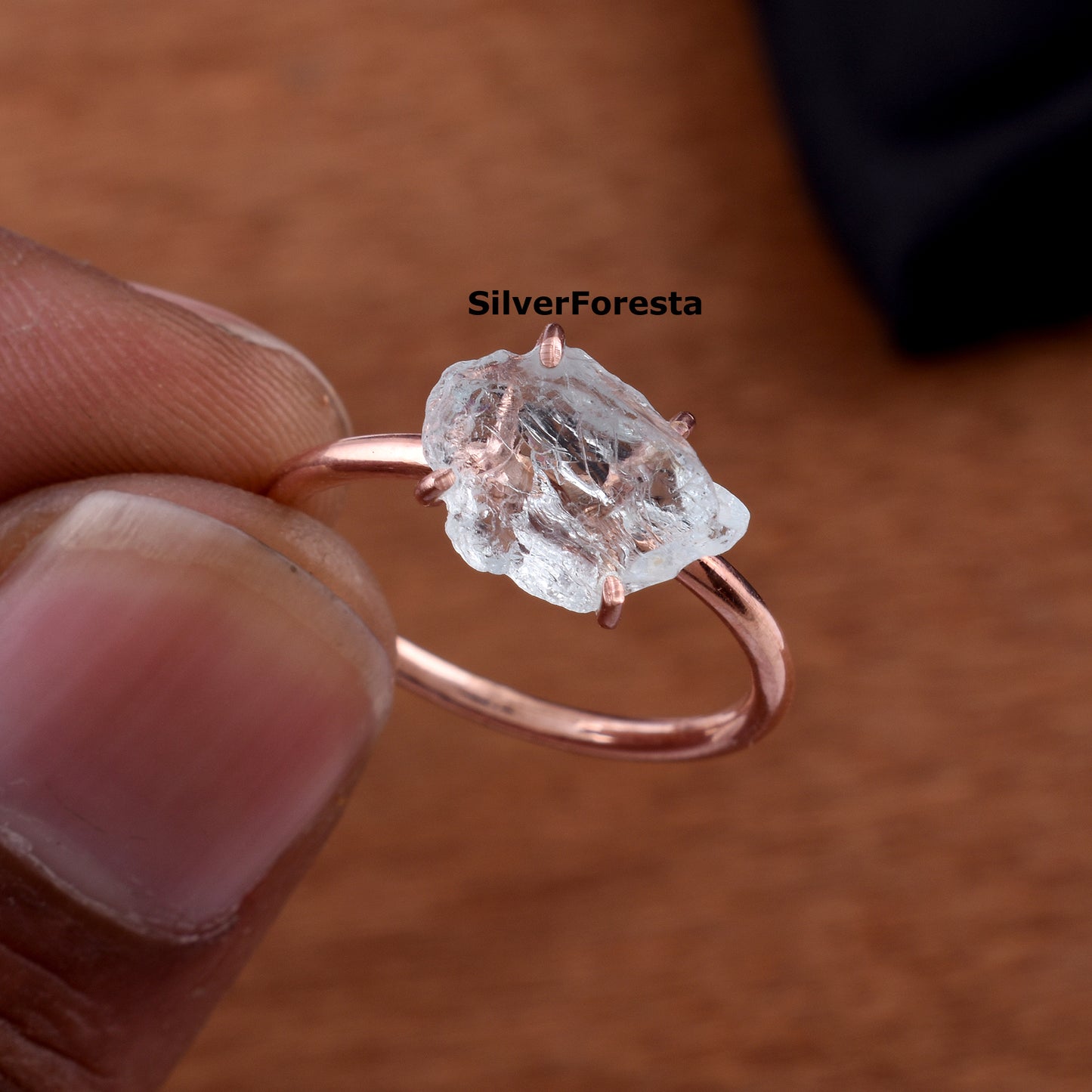 March Birthstone Raw Aquamarine Silver Ring - SilverForestaa