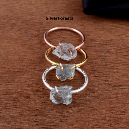 March Birthstone Raw Aquamarine Silver Ring - SilverForestaa