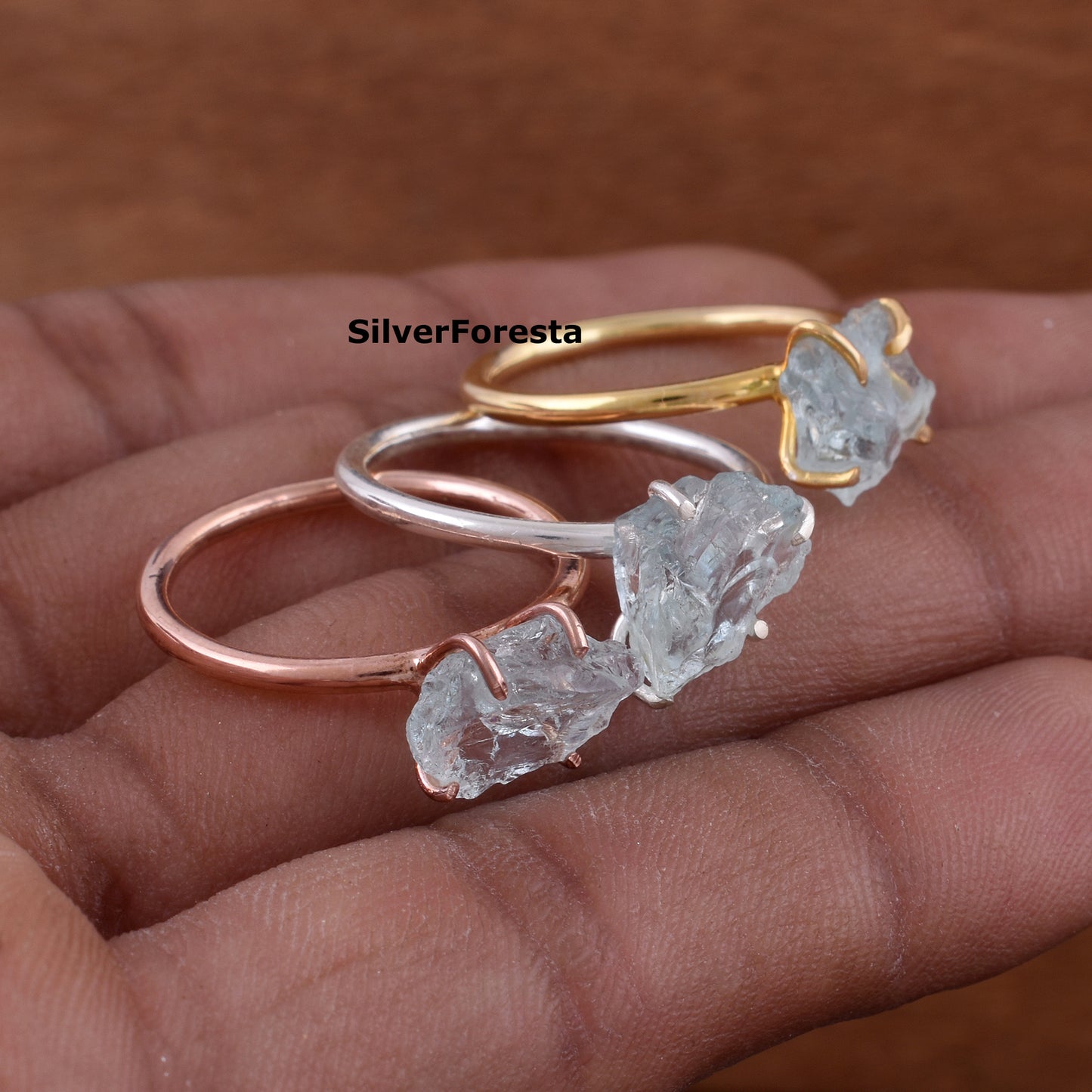 March Birthstone Raw Aquamarine Silver Ring - SilverForestaa