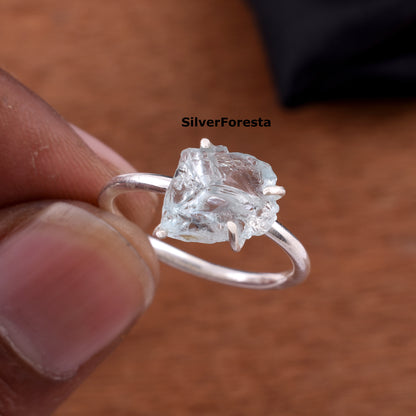 March Birthstone Raw Aquamarine Silver Ring - SilverForestaa